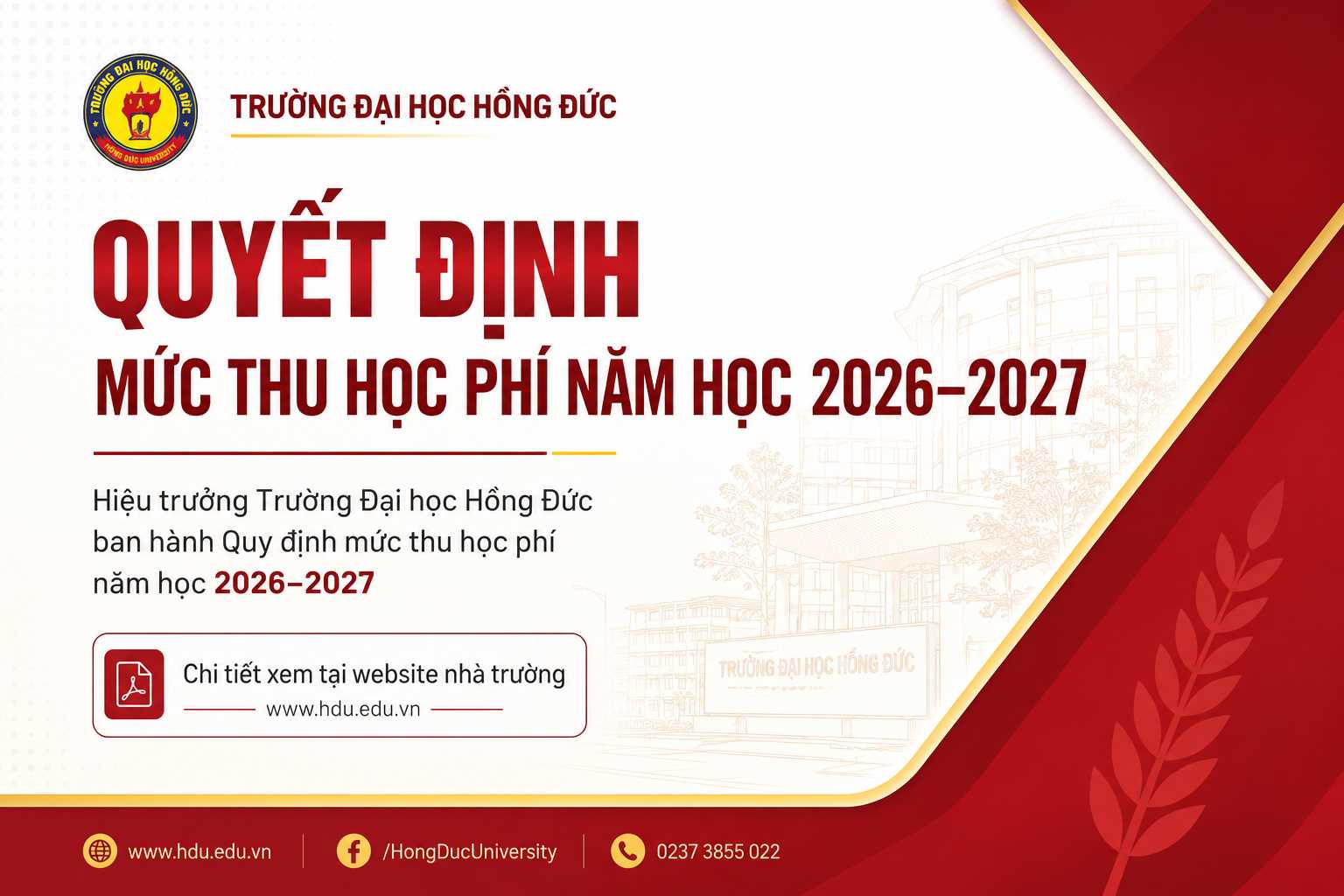 Quyết định về việc ban hành mức thu học phí các loại hình đào tạo tại Trường Đại học Hồng Đức năm học 2026 - 2027